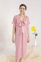 Silk Midi Dress with V-Neckline and Statement Bow